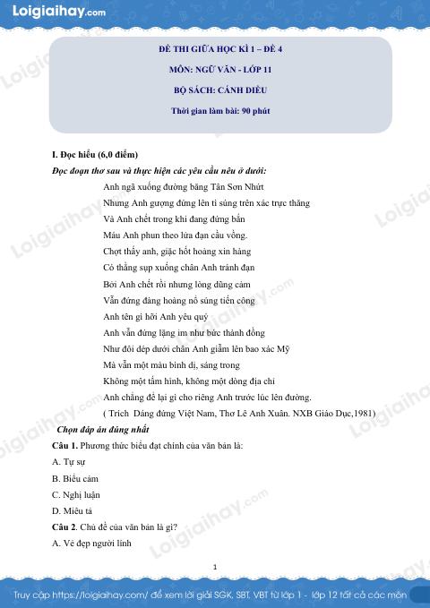 Đề thi giữa kì 1 Văn 11 Cánh diều - Đề số 4